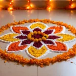 Colorful floral rangoli design for Diwali 2024 made with vibrant powder colors