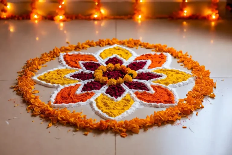Colorful floral rangoli design for Diwali 2024 made with vibrant powder colors