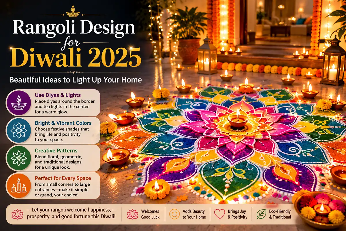 Rangoli design for Diwali 2025 with colorful floral patterns, glowing diyas, marigold flowers, and festive lights at a home entrance.