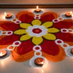 Traditional floral rangoli design for Diwali 2025 with vibrant colors