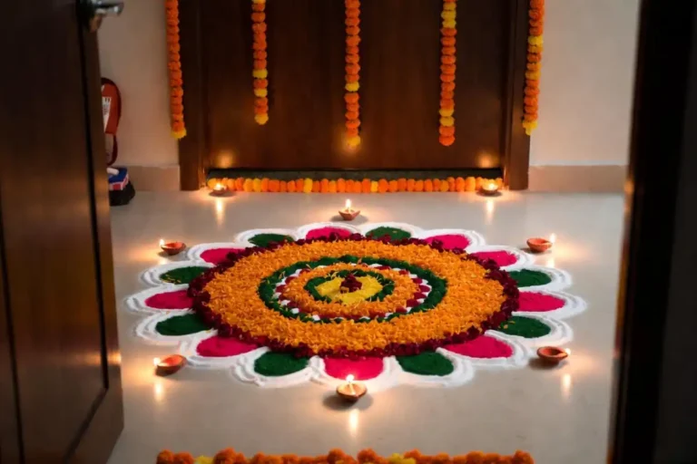 Colorful floral rangoli design for Diwali photos at home entrance