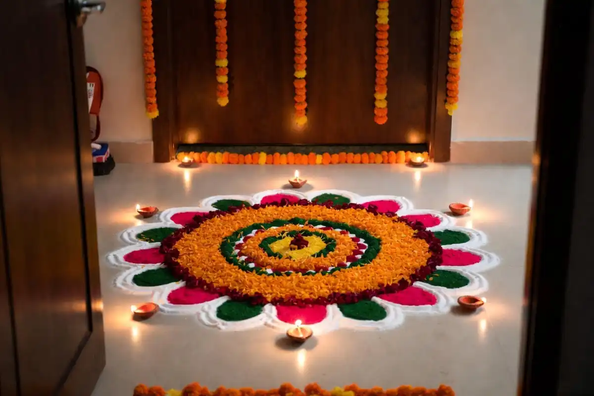 Colorful floral rangoli design for Diwali photos at home entrance