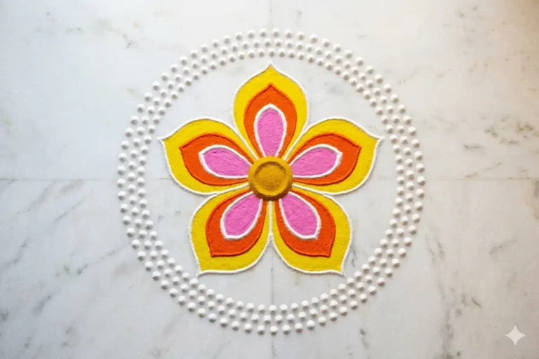 rangoli design Simple with colorful floral pattern on a clean white floor