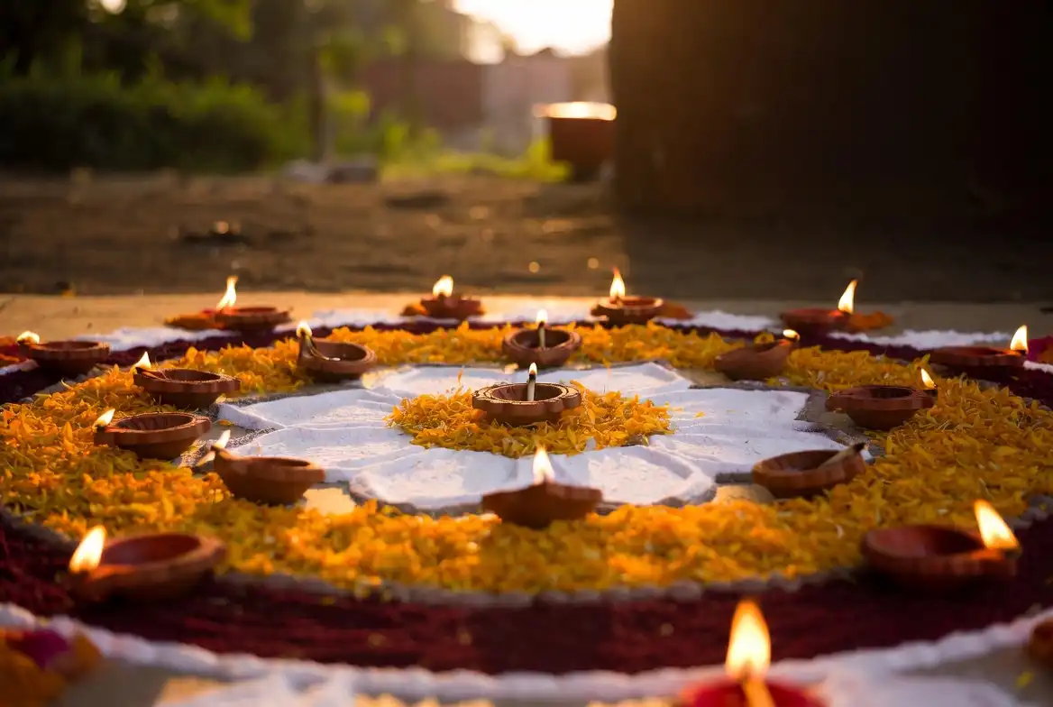 Traditional Diwali rangoli design photo with diyas and flowers