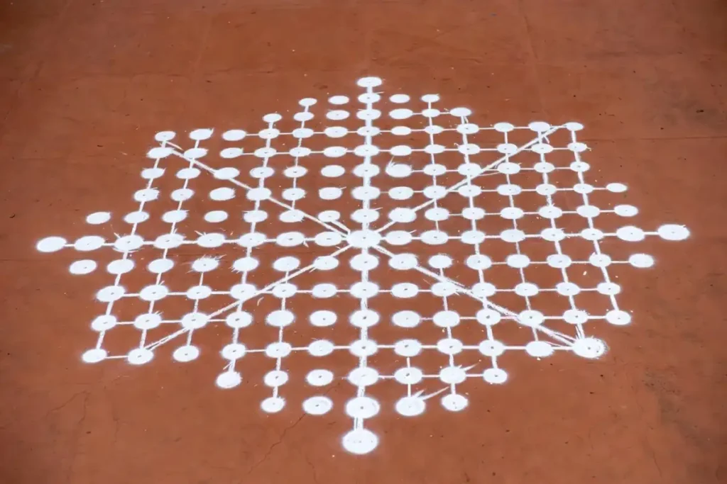 Simple dot rangoli easy design for beginners with geometric star pattern on floor