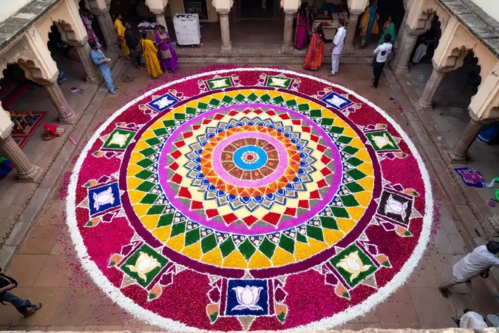 Large and colorful rangoli ki design made with powder for a big festival celebration