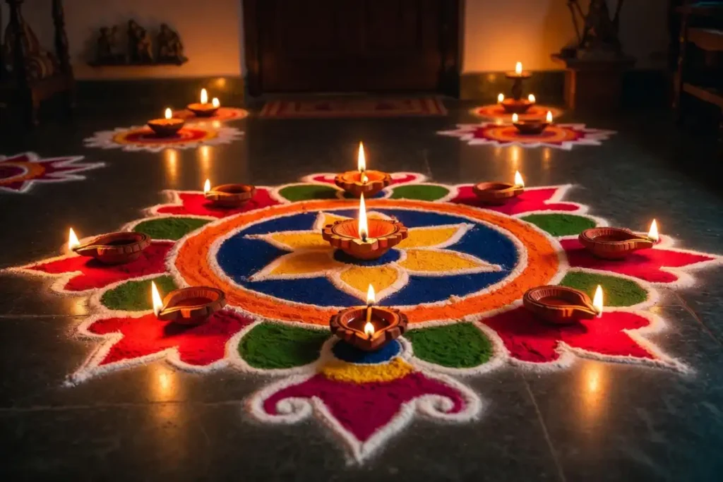 Colorful rangoli ki design created with colored powder for Diwali festival