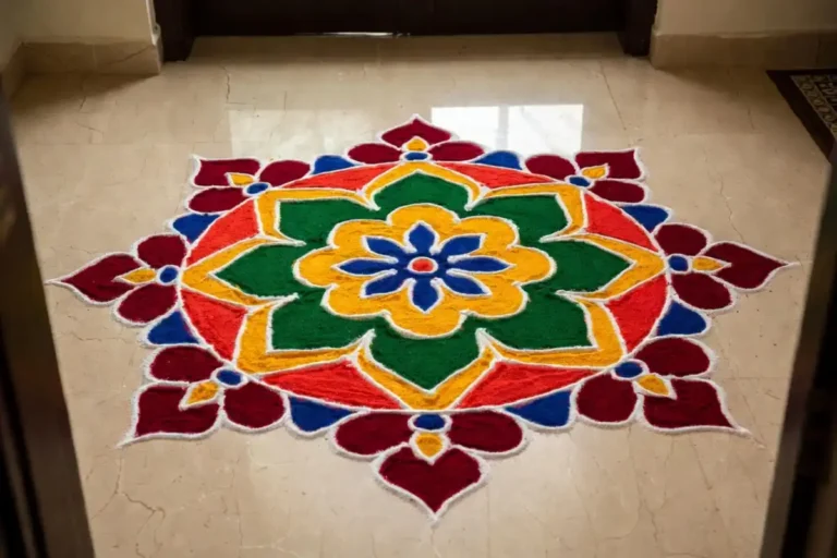 Traditional colorful rangoli ki design with floral patterns at home entrance