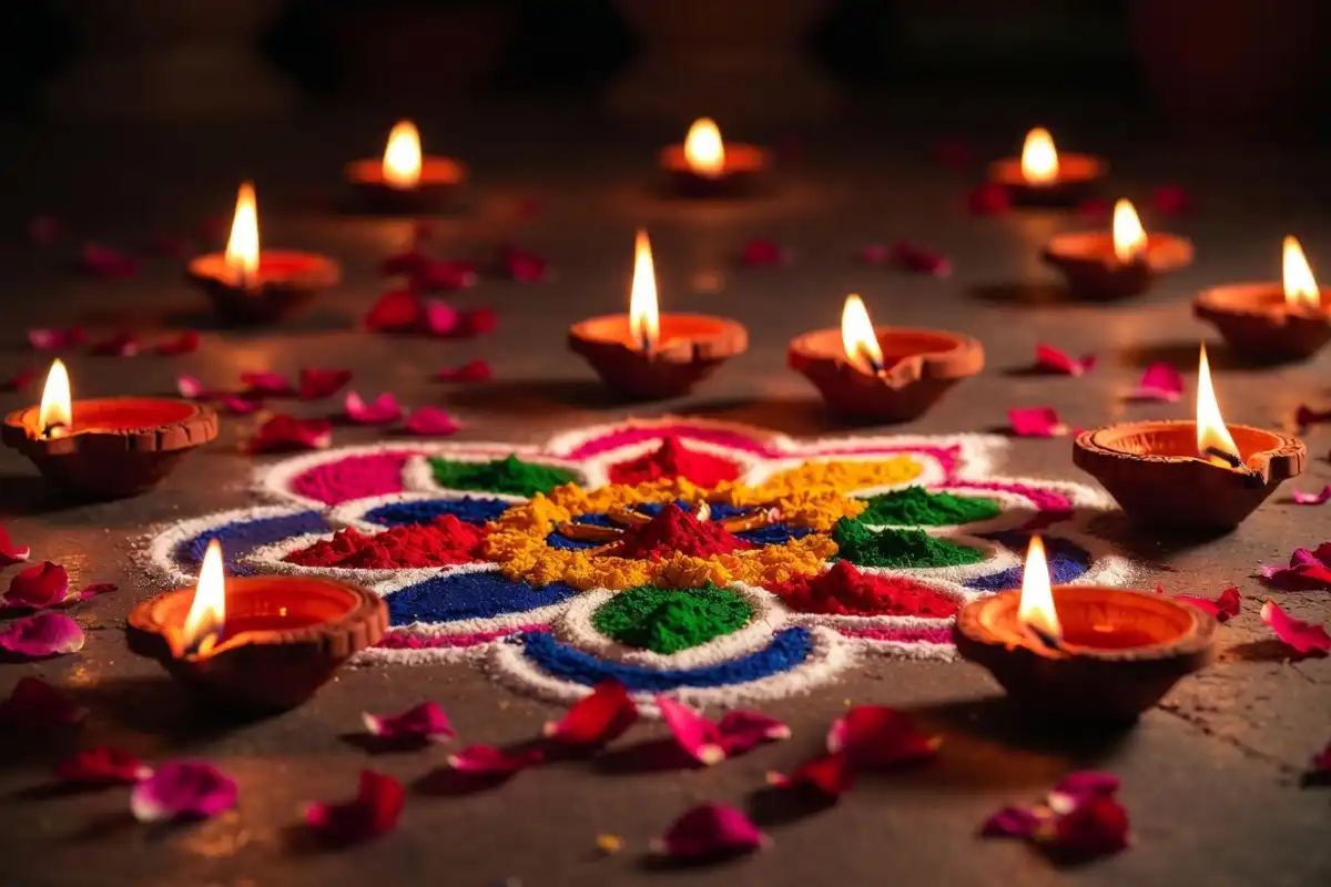 Diwali-themed rangoli simple design with diyas and bright colors