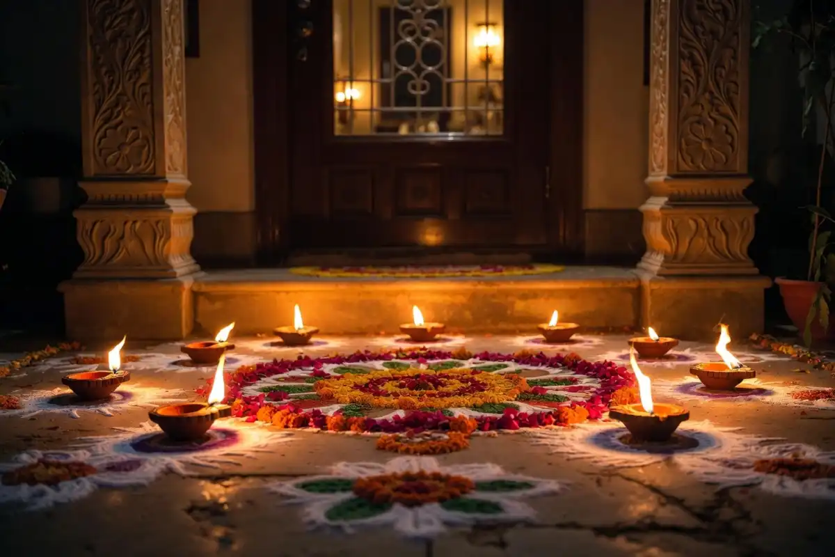 Colorful rangoli simple design at home entrance during Diwali