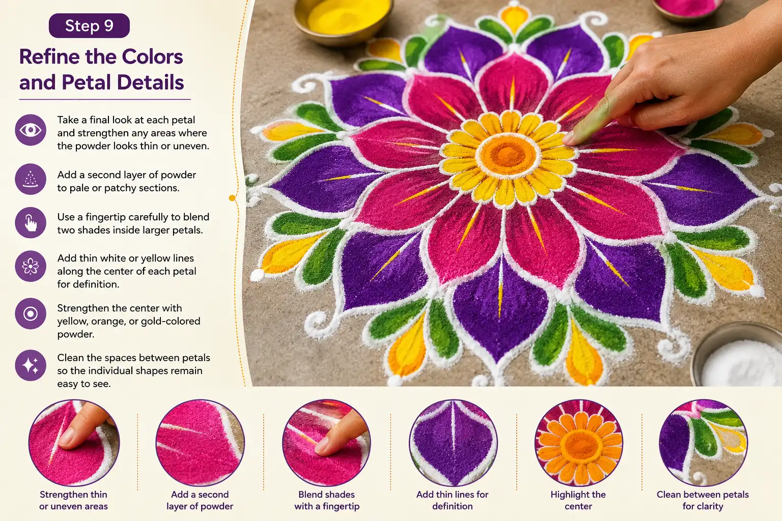 Refine rangoli colors and petal details by adding powder layers, blending shades, defining petals, and highlighting the center