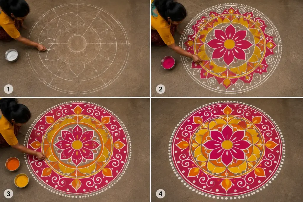 Simple big circle rangoli design drawn freehand with chalk and colors