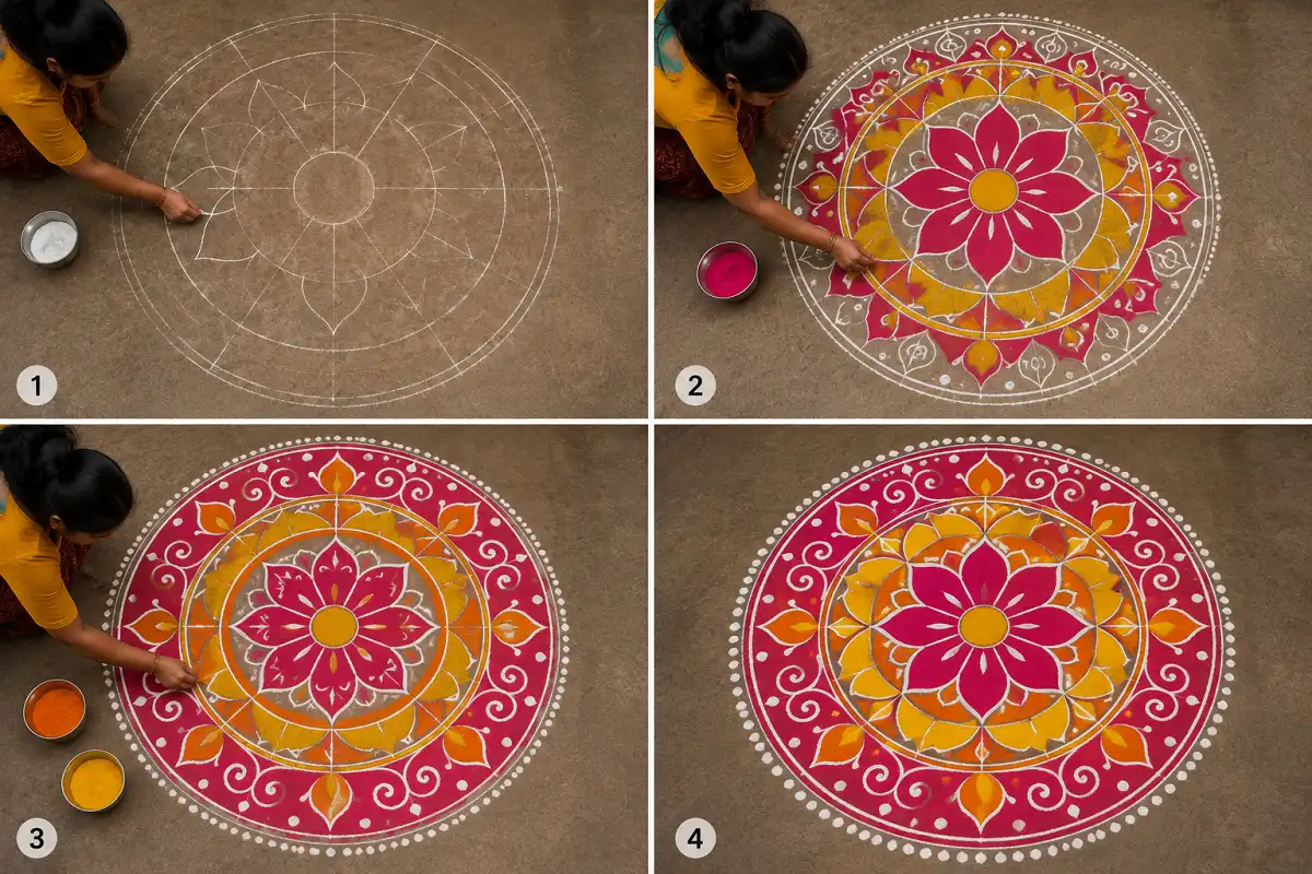 Simple big circle rangoli design drawn freehand with chalk and colors