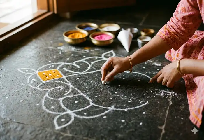 Simple dot kolam rangoli design on floor being created by hands with white powder