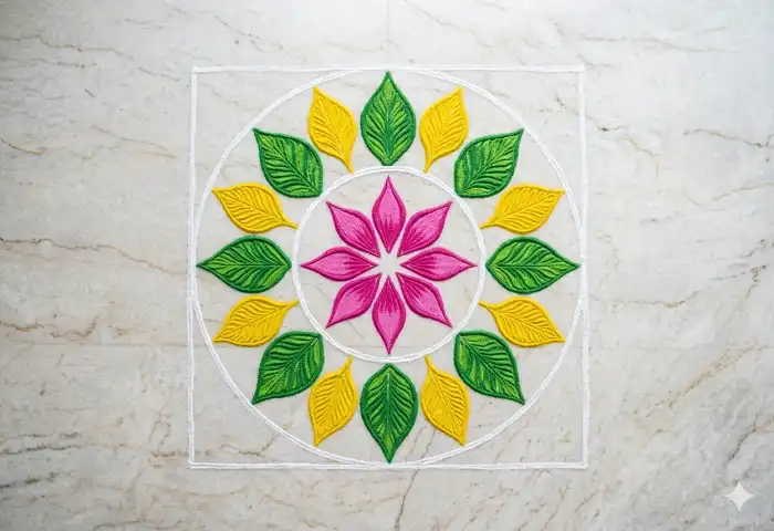 Simple floral mandala rangoli design with pink yellow and green colors on white floor