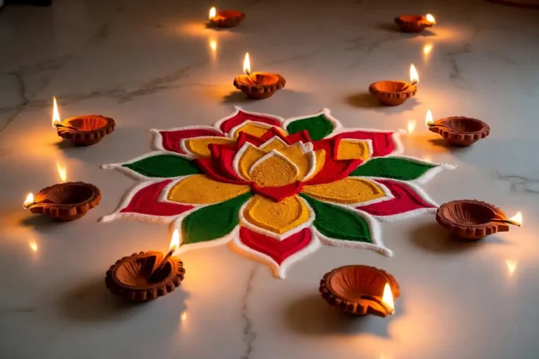 Simple lotus flower rangoli design with pink and white petals