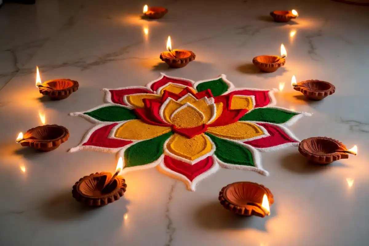 Simple lotus flower rangoli design with pink and white petals