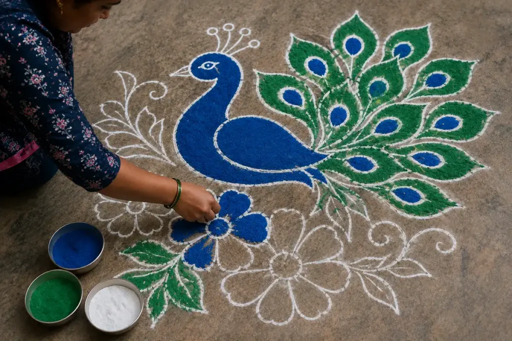 Simple freehand peacock flower rangoli design