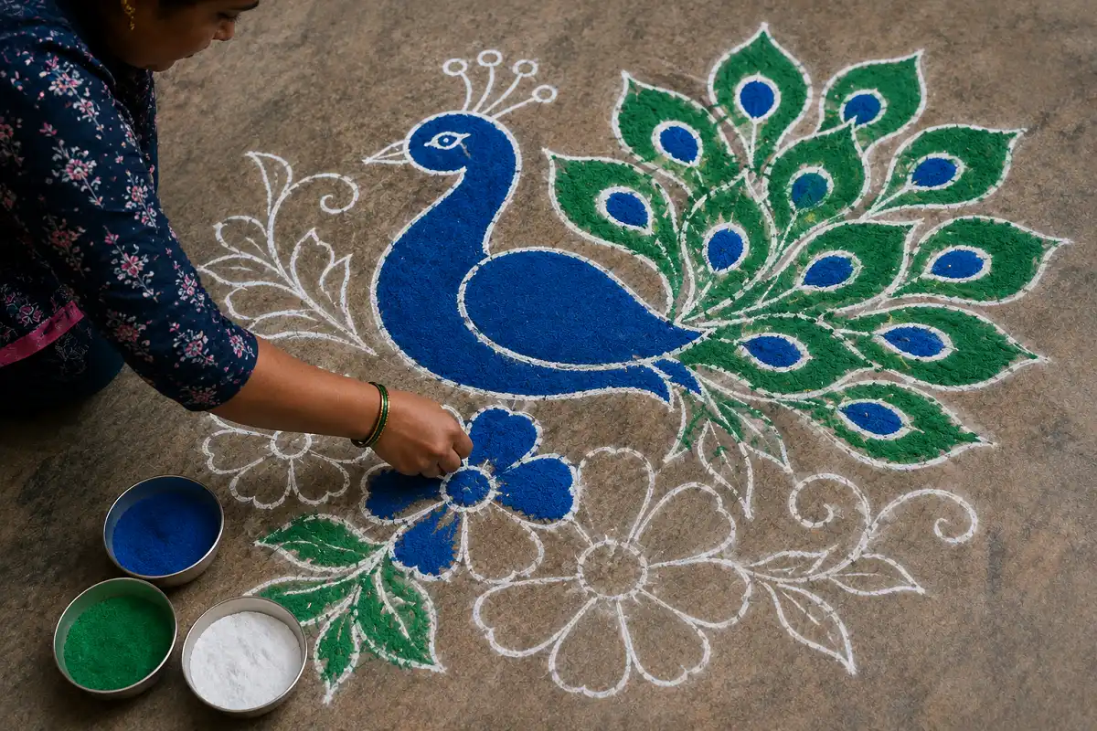 Simple peacock flower rangoli design drawn freehand with dry colors