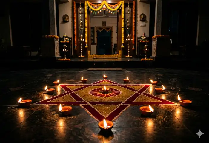 Simple rangoli design for Diwali glowing at night with diyas and candles