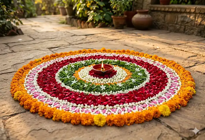 Simple flower petal rangoli design made with marigold and rose petals for festival