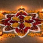 Simple rangoli design for Diwali with colorful floral pattern and diyas