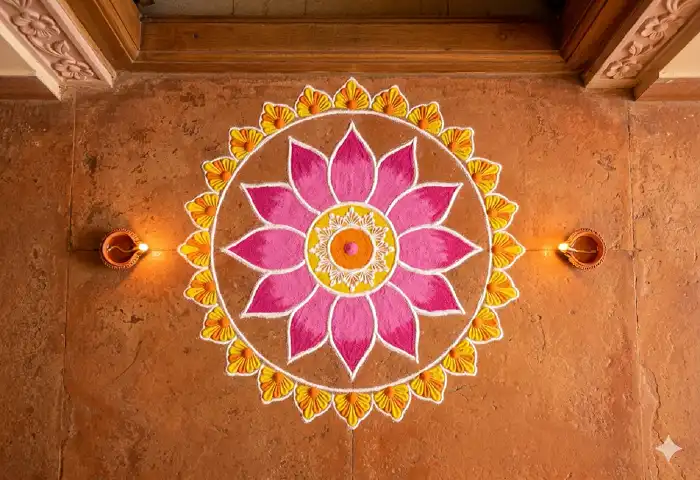 Beautiful simple rangoli design at home entrance with vibrant colors and diyas
