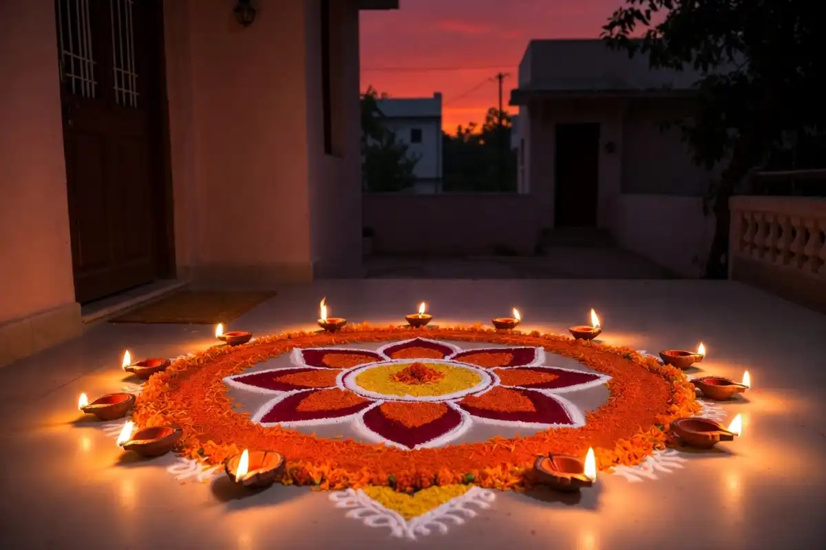 Simple small rangoli design featuring a lotus flower in pink and white