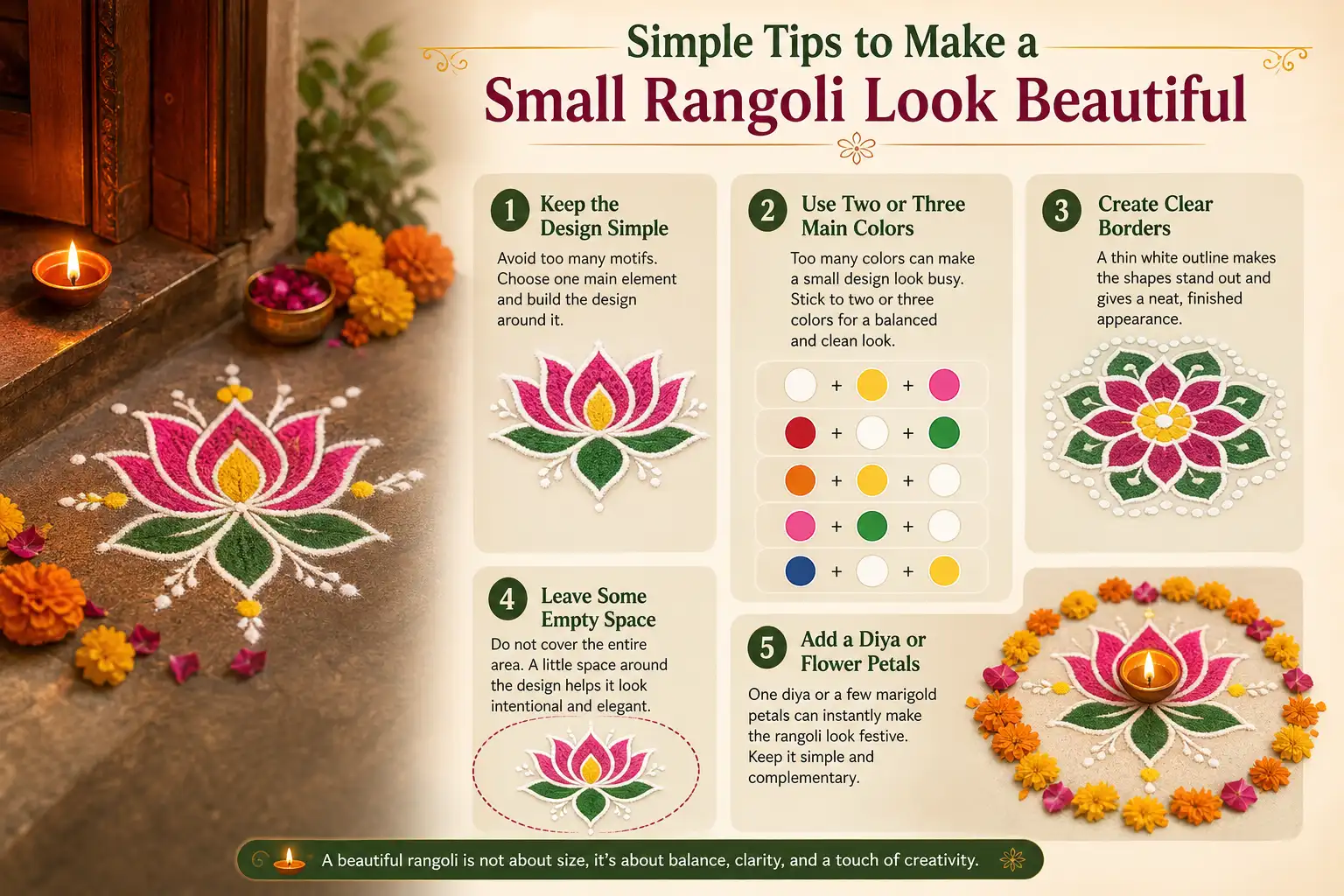 Infographic showing simple tips to make a small rangoli beautiful with clear borders, limited colors, empty space, diya, and flower petals.