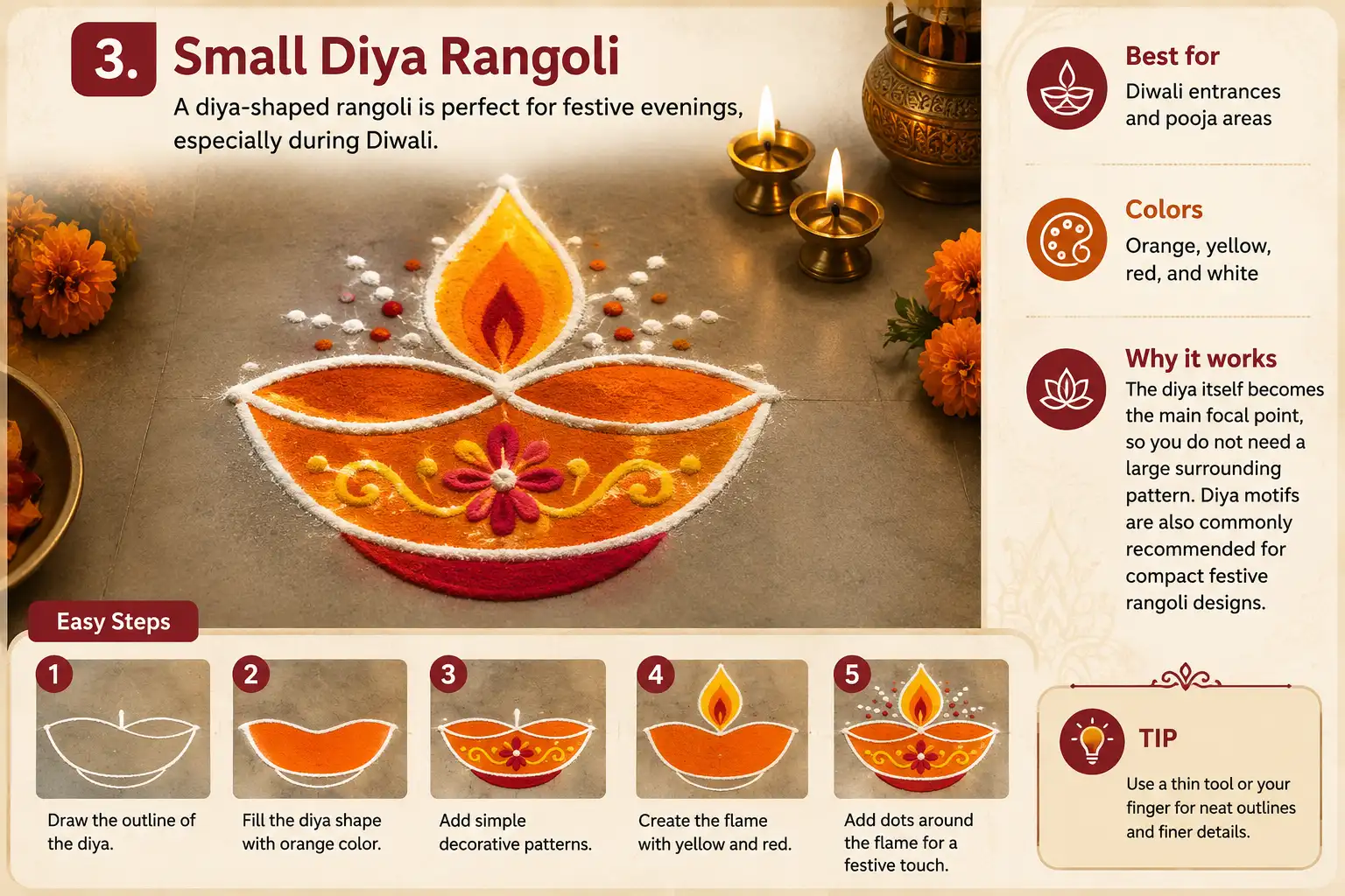 Small diya rangoli design in orange, yellow, red, and white for Diwali entrances