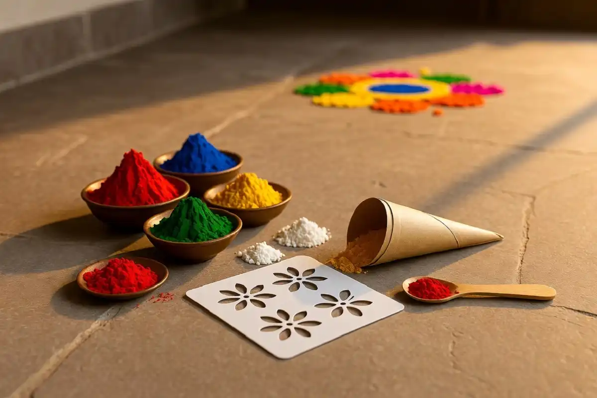 Beginner materials for small rangoli design including colored powders, stencil, and cone