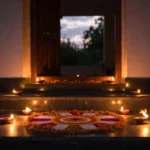 Small rangoli design at a doorstep during Diwali with diyas and flower petals