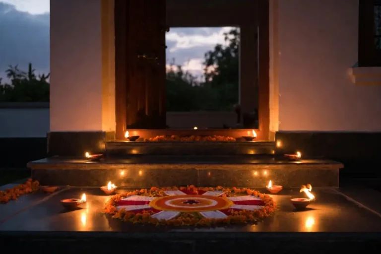 Small rangoli design at a doorstep during Diwali with diyas and flower petals