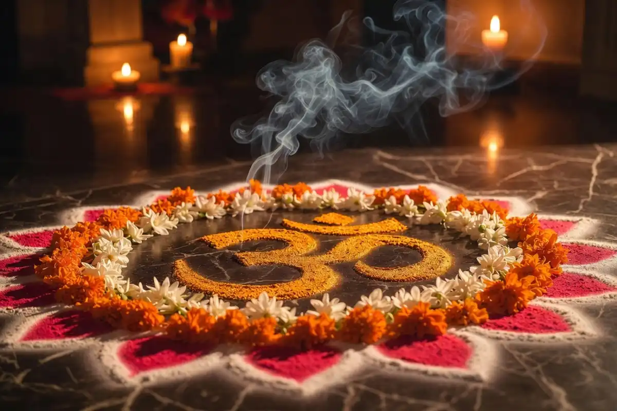 Small rangoli design with Om symbol and flower petals in a pooja room