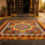 Beautiful square rangoli design at home entrance with diyas