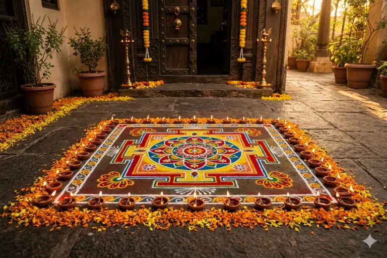 Beautiful square rangoli design at home entrance with diyas