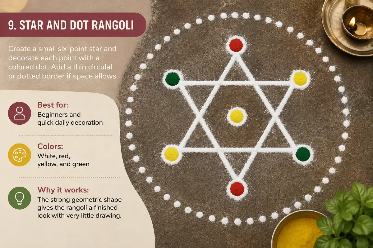 Small six-point star and dot rangoli with colorful red, yellow, and green accents