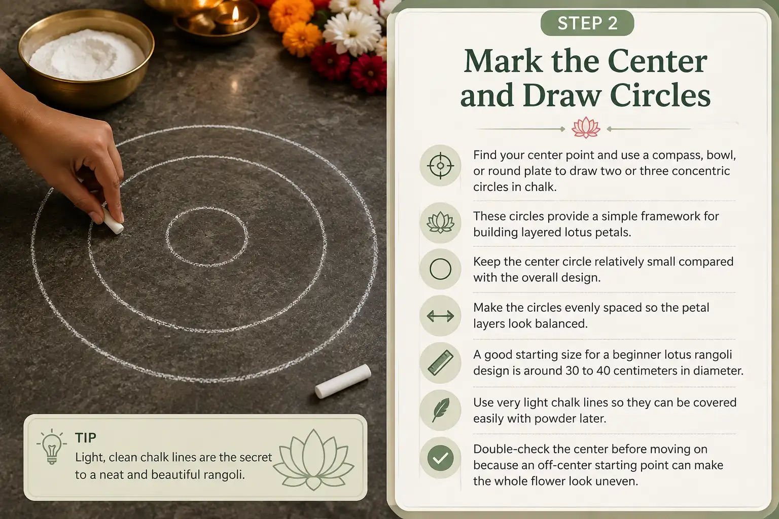 Step 2 lotus rangoli guide showing how to mark the center and draw evenly spaced concentric chalk circles for a balanced design.
