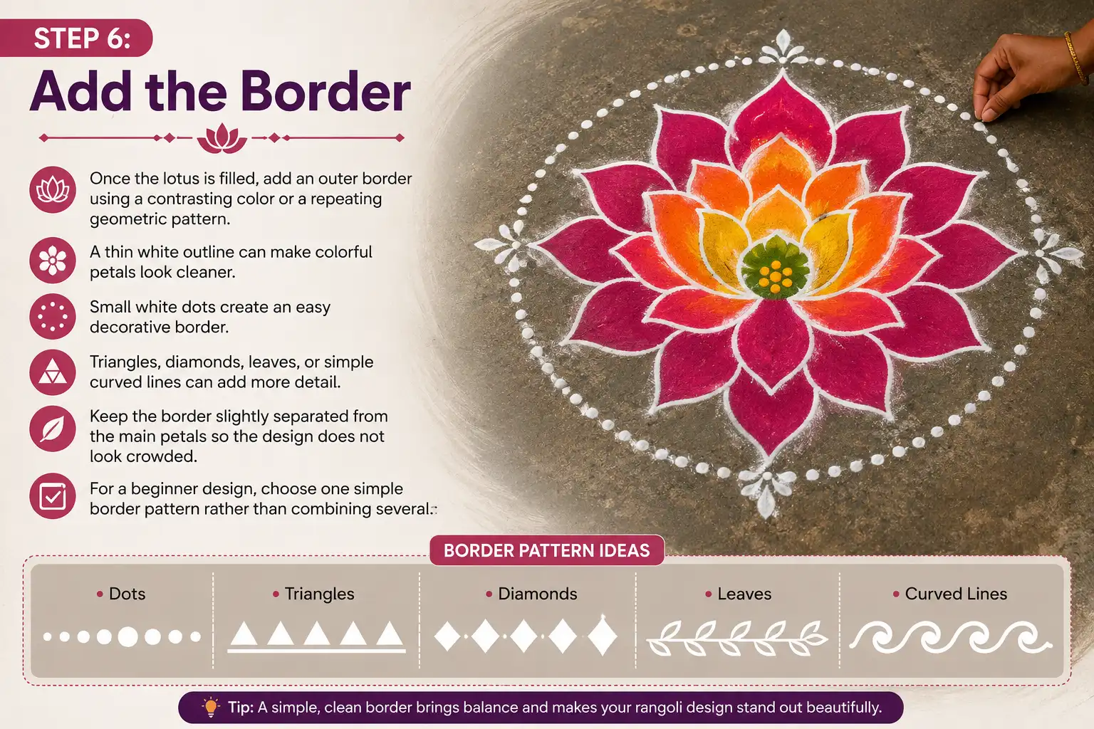 Step 6 add the border to a lotus rangoli design with white dots and decorative border patterns
