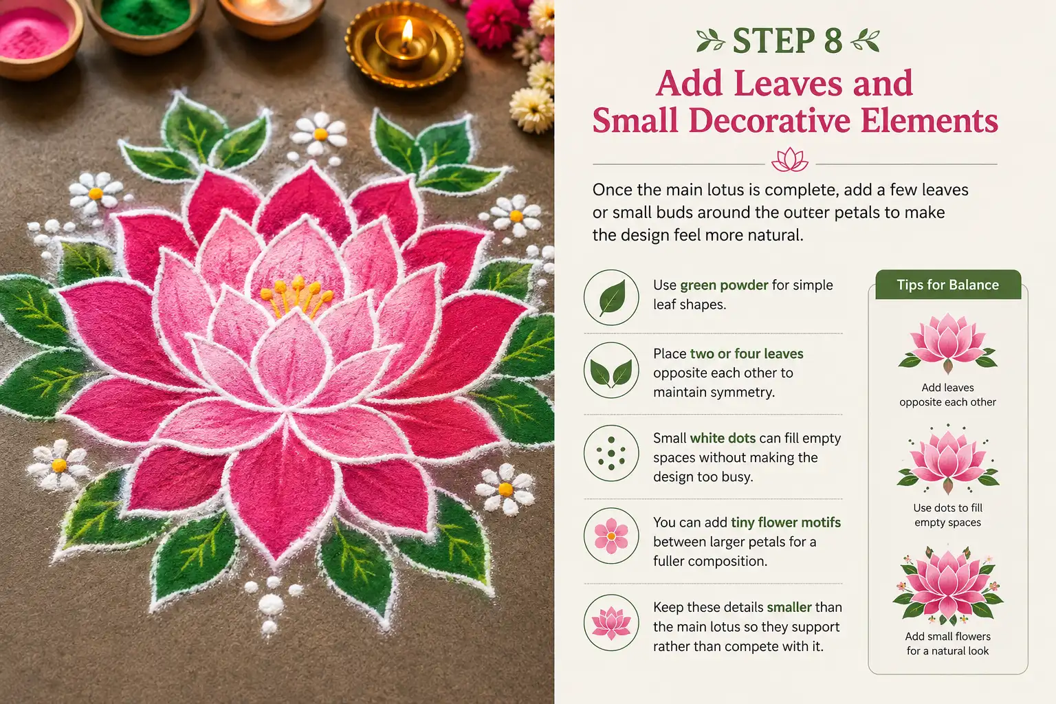 Step 8 lotus rangoli with green leaves, white dots, and small flower motifs added around the main lotus for a balanced symmetrical design