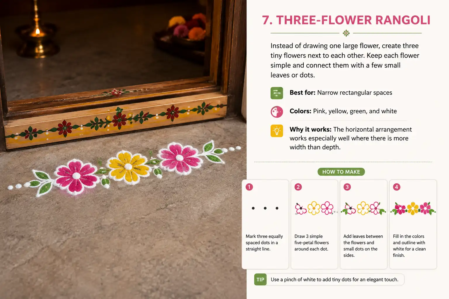 Three-flower rangoli design with pink, yellow, green, and white colors arranged horizontally