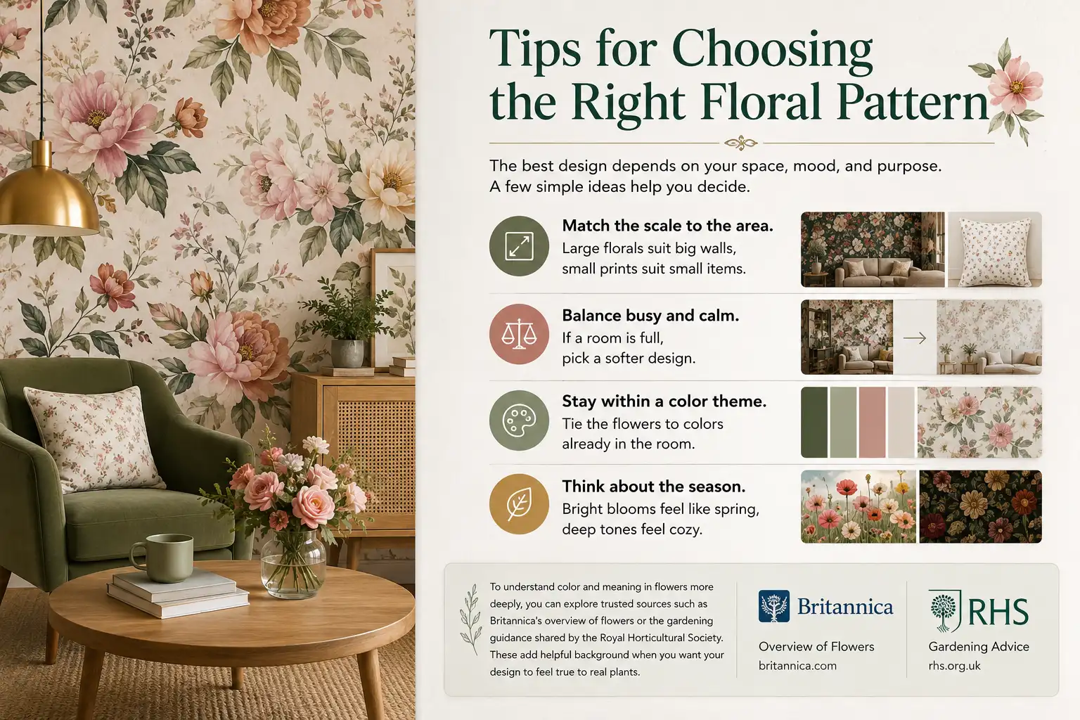 Mixed photorealistic and modern infographic showing a floral living room alongside four tips for choosing the right floral pattern: matching scale to the area, balancing busy and calm designs, coordinating colors, and considering the season