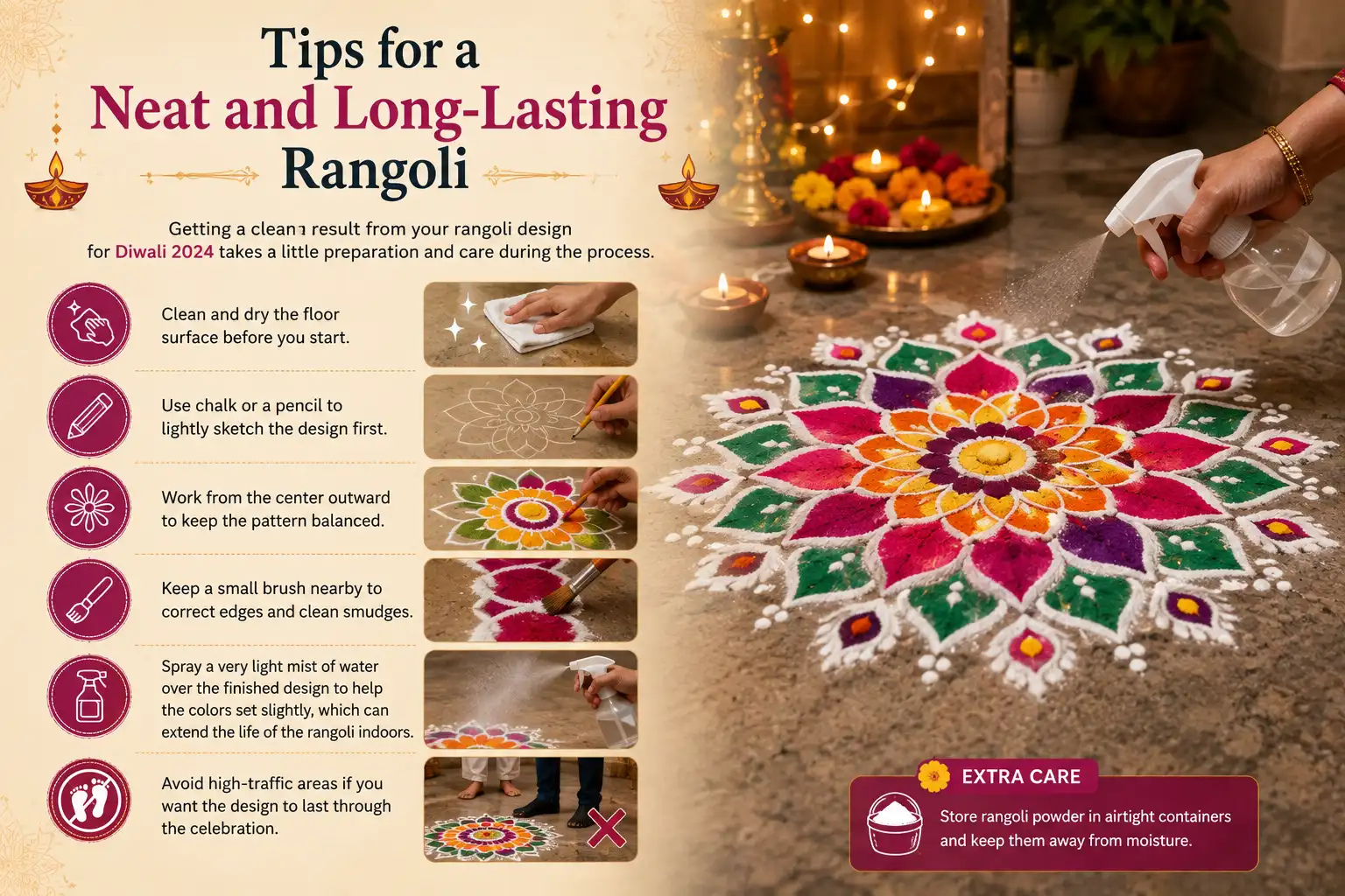 Infographic showing tips for creating a neat and long-lasting Diwali rangoli, with a colorful rangoli design and care instructions.