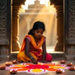Traditional girl rangoli design with lotus and diya motifs on a temple floor