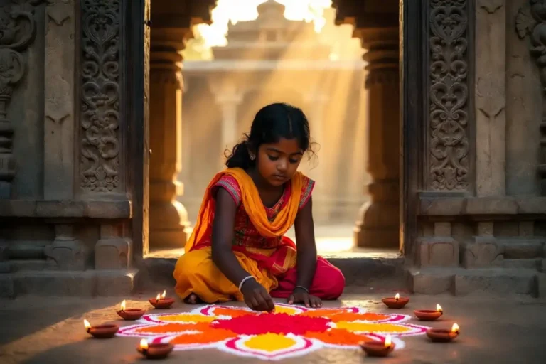 Traditional girl rangoli design with lotus and diya motifs on a temple floor