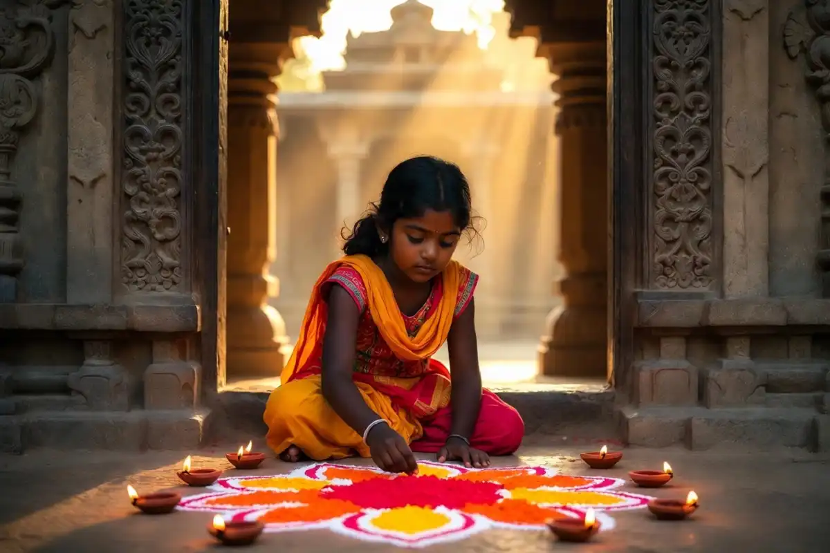 Traditional girl rangoli design with lotus and diya motifs on a temple floor