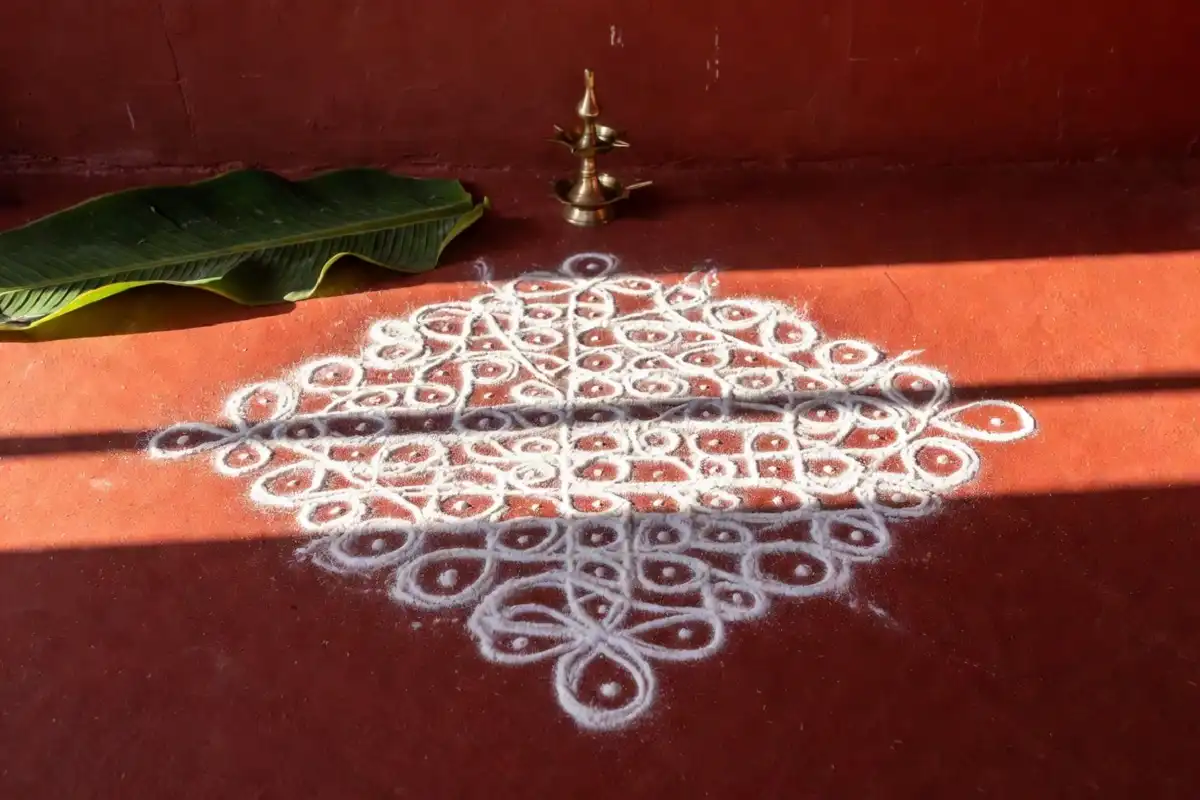 Traditional South Indian kolam rangoli design photo with white rice flour dot pattern