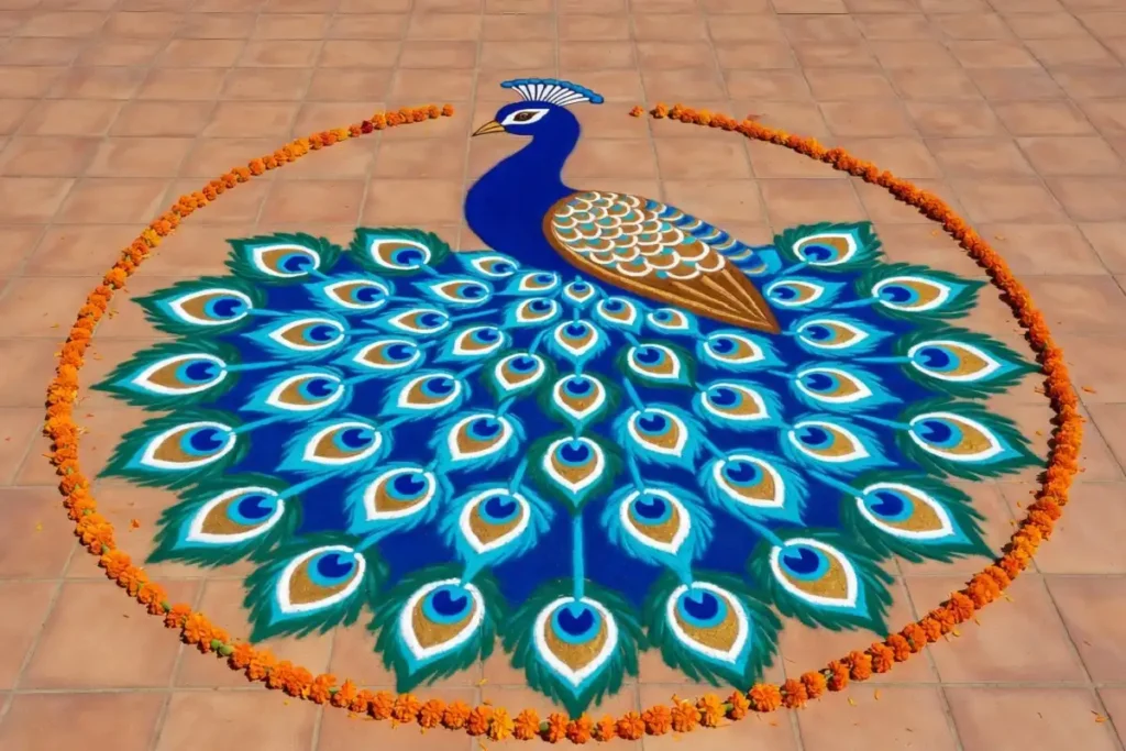 Traditional girl peacock rangoli design in vibrant blue and green colors