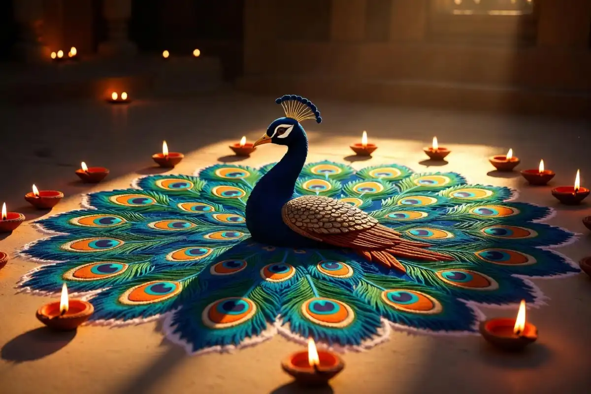 Traditional peacock beautiful rangoli design for Diwali festival