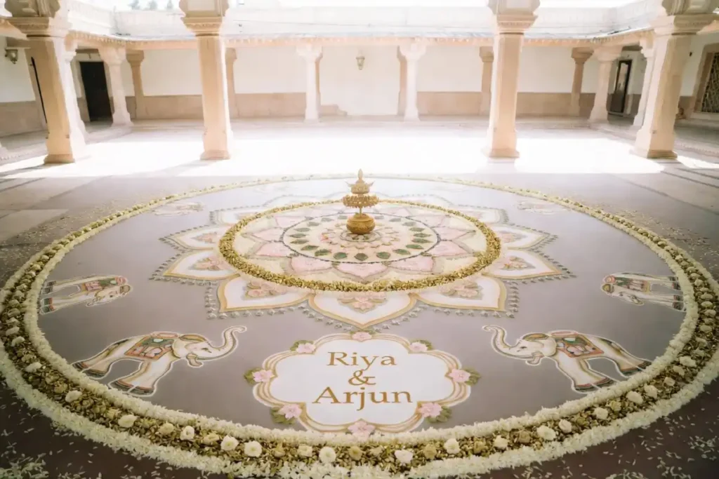 Traditional wedding rangoli girl design with floral motifs